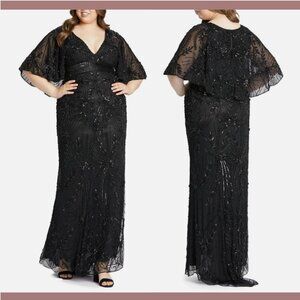 NWT $598 Mac Duggal [ 18W ] Floral Beaded Sequin Cape V-Neck Gown in Black #Q747